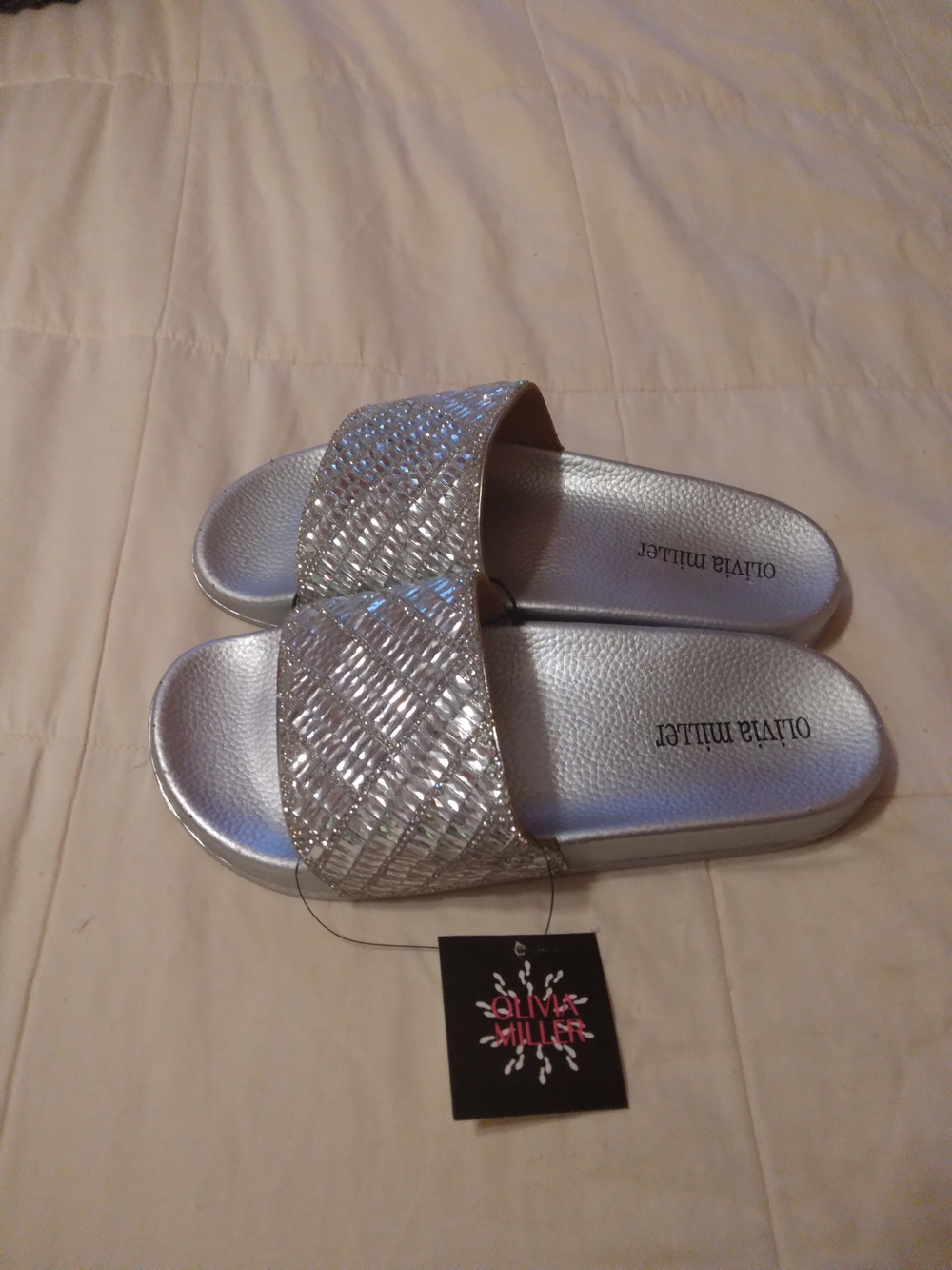 Olivia Miller Silver Woven Metallic Slide Sandals